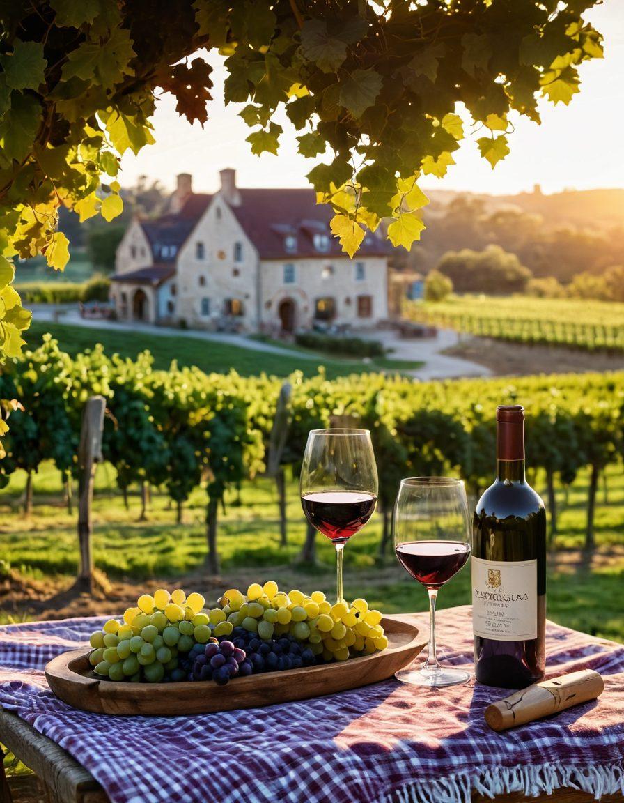 A picturesque Cambridge vineyard during the golden hour, showcasing lush grapevines heavy with ripe grapes, a rustic winery in the background, and a glass of red wine being poured from a vintage bottle. The scene is alive with vibrant colors, with soft sunlight illuminating the rich greens and purples of the landscape. Include an inviting picnic setup with cheese and bread on a checkered blanket. super-realistic. vibrant colors. golden hour lighting.