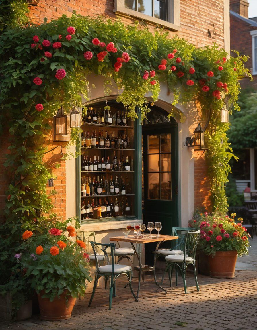 A cozy outdoor wine bar in Cambridge, with people enjoying glasses of wine, surrounded by lush green vines and colorful flowers. The backdrop features historic architecture bathed in the golden light of sunset, reflecting a joyful and vibrant atmosphere. Include a whimsical wine bottle centerpiece on the table with playful accents. Capture the essence of happiness and togetherness. super-realistic. vibrant colors. sunset glow.