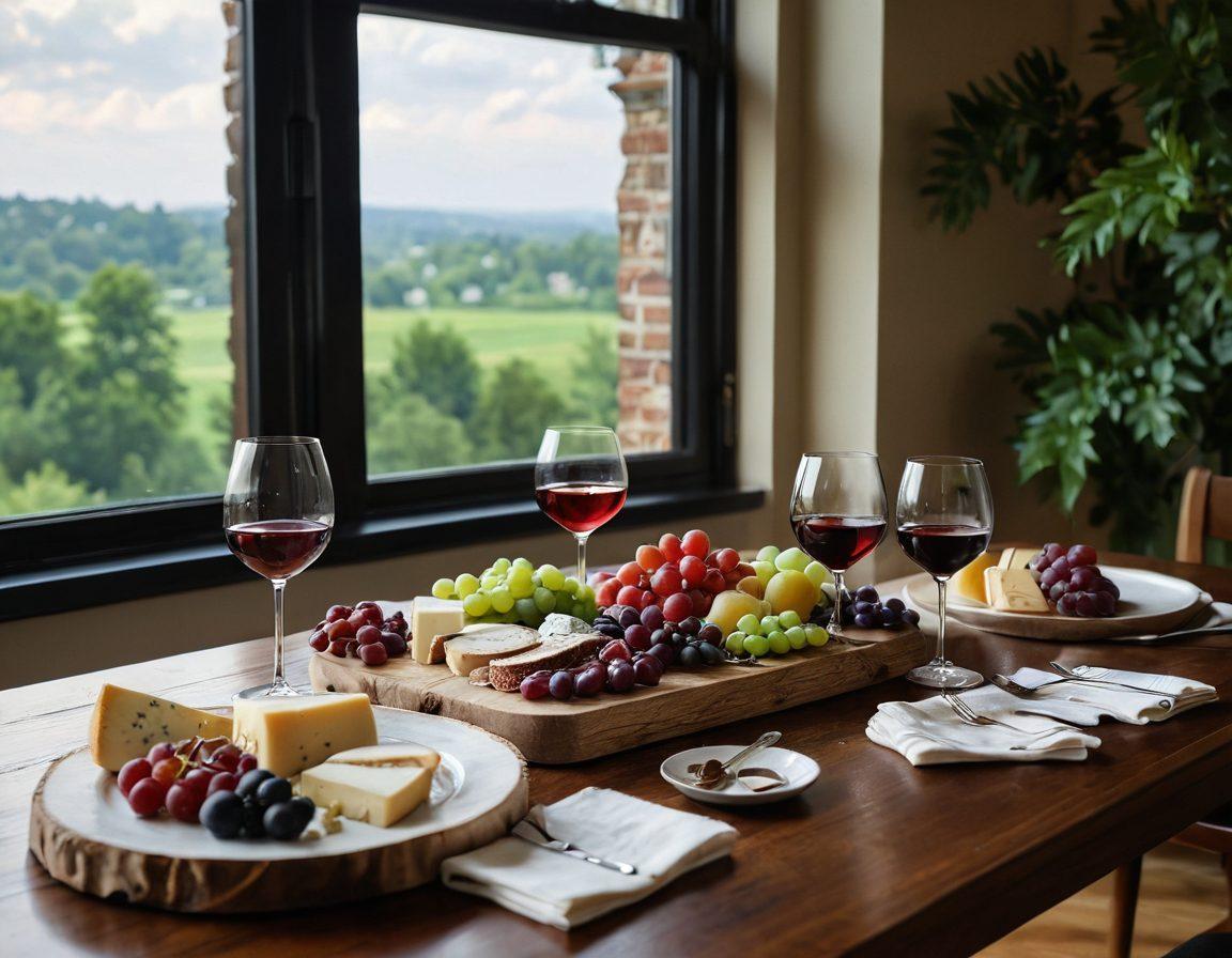 A cozy, elegantly set dining table adorned with fine crystal wine glasses filled with rich red and white wines. In the background, a picturesque Cambridge landscape featuring historic architecture and lush greenery. A charcuterie board arranged with artisanal cheeses, fruits, and nuts complements the wines. Warm, soft lighting creates an inviting atmosphere. Capture this scene in a super-realistic style with vibrant colors.